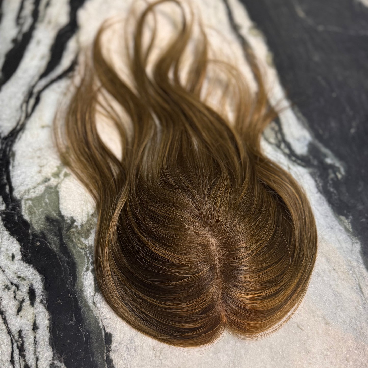 12-inch Chestnut Brown 3×5 Skin Top EuropeanHair Topper with soft honey highlights, 100% European Remy human hair, lightweight coverage for women with thinning hair.