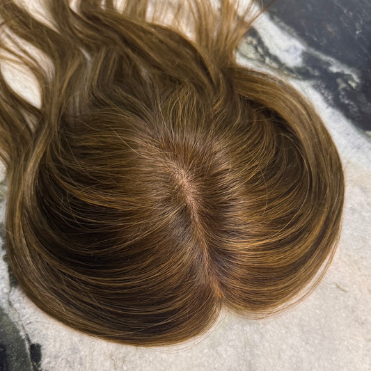 Chestnut Brown 3×5 Skin Top European Hair Topper with realistic scalp appearance, 100% European Remy human hair, lightweight design for women with thinning hair.